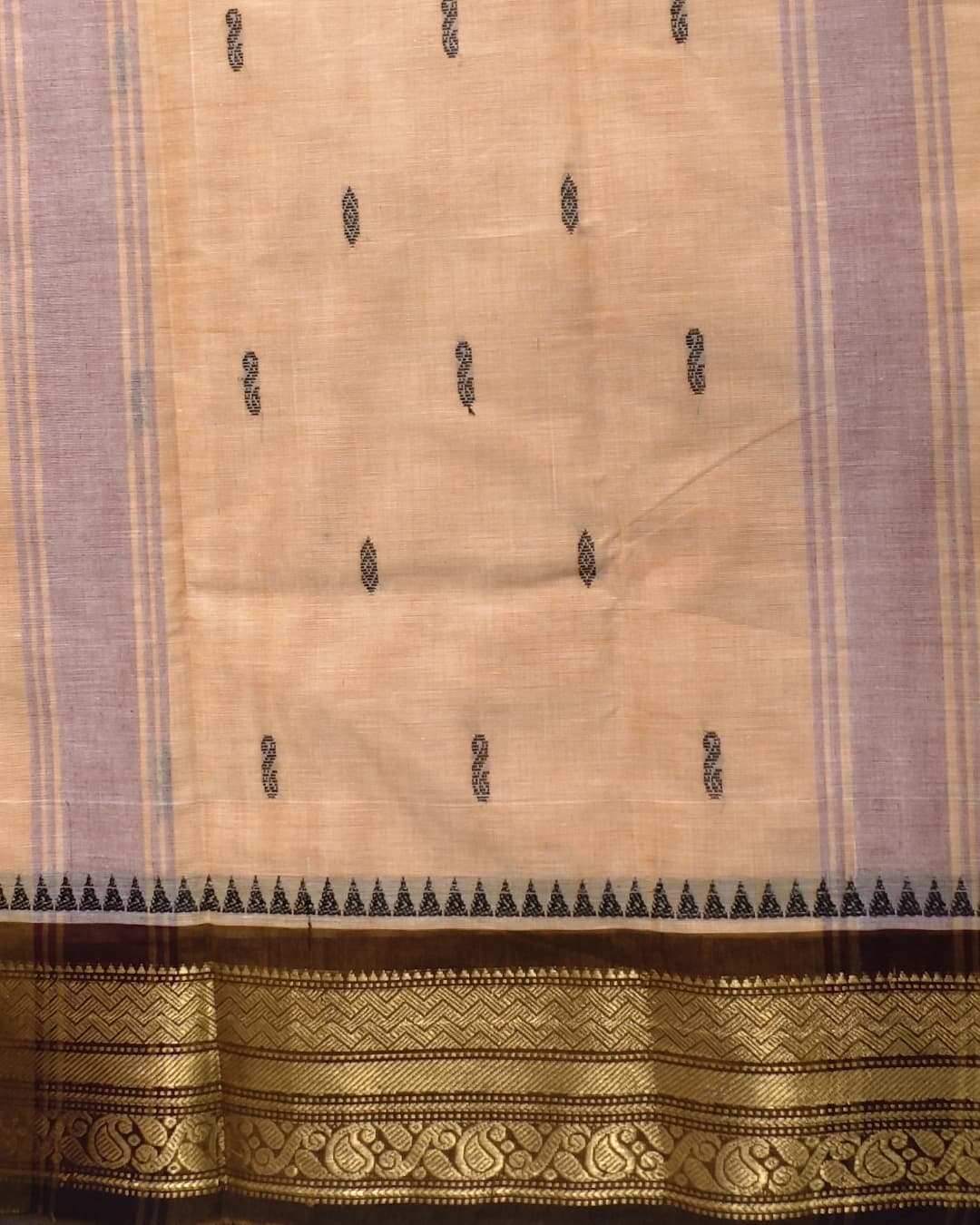 Beige Chettinadu Cotton Saree with Zari Temple Border – view 3