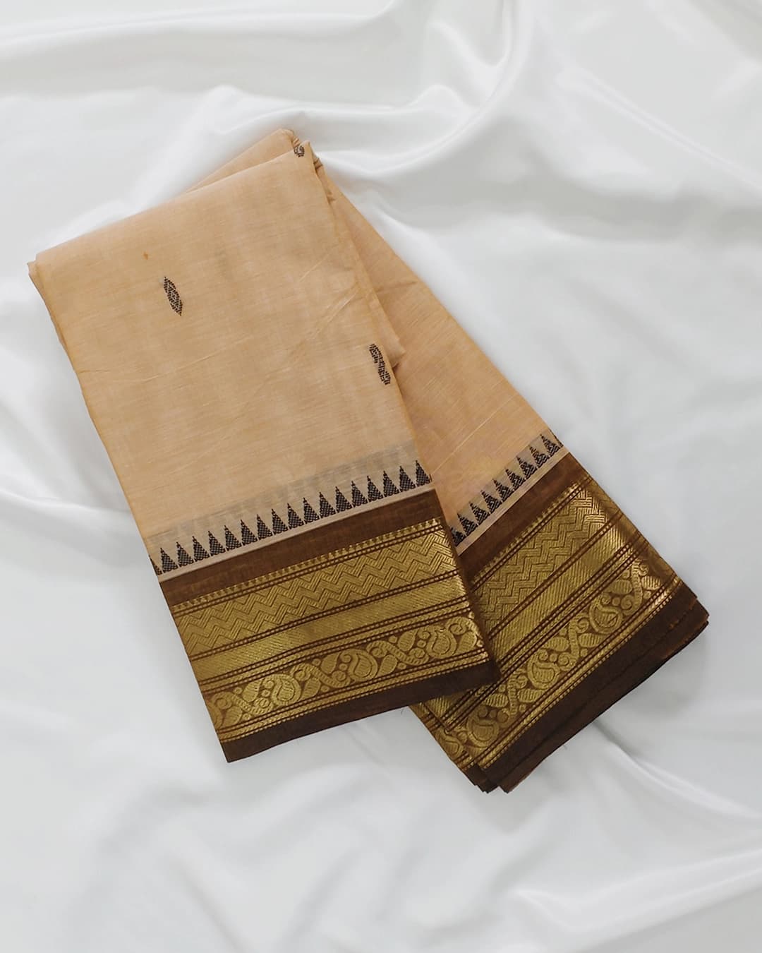 Beige Chettinadu Cotton Saree with Zari Temple Border – view 4