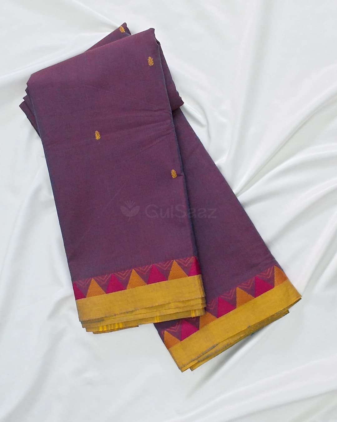Dual-Tone Purple Chettinad Cotton Saree with Mustard Temple Zari Border – view 4