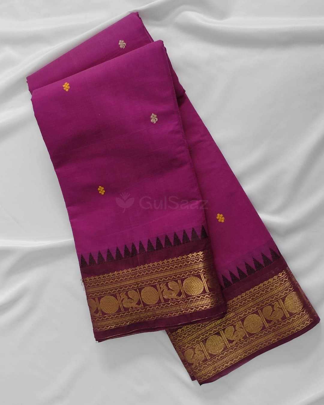 Magenta Handwoven Chettinad Cotton Saree with Gold Zari Coin Border – view 2