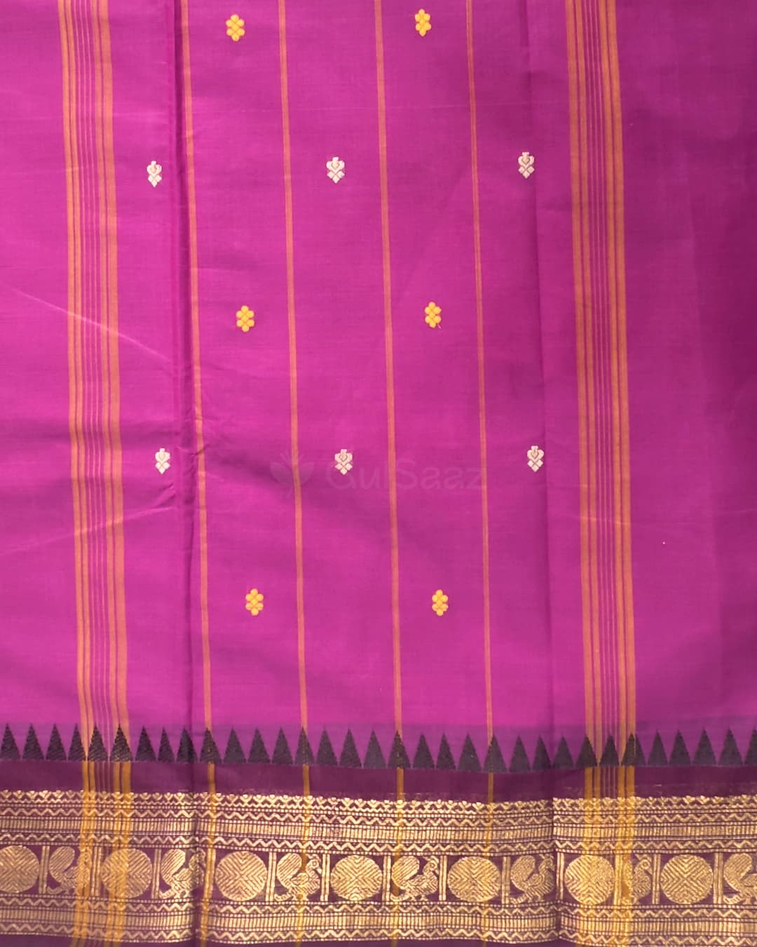 Magenta Handwoven Chettinad Cotton Saree with Gold Zari Coin Border – view 3