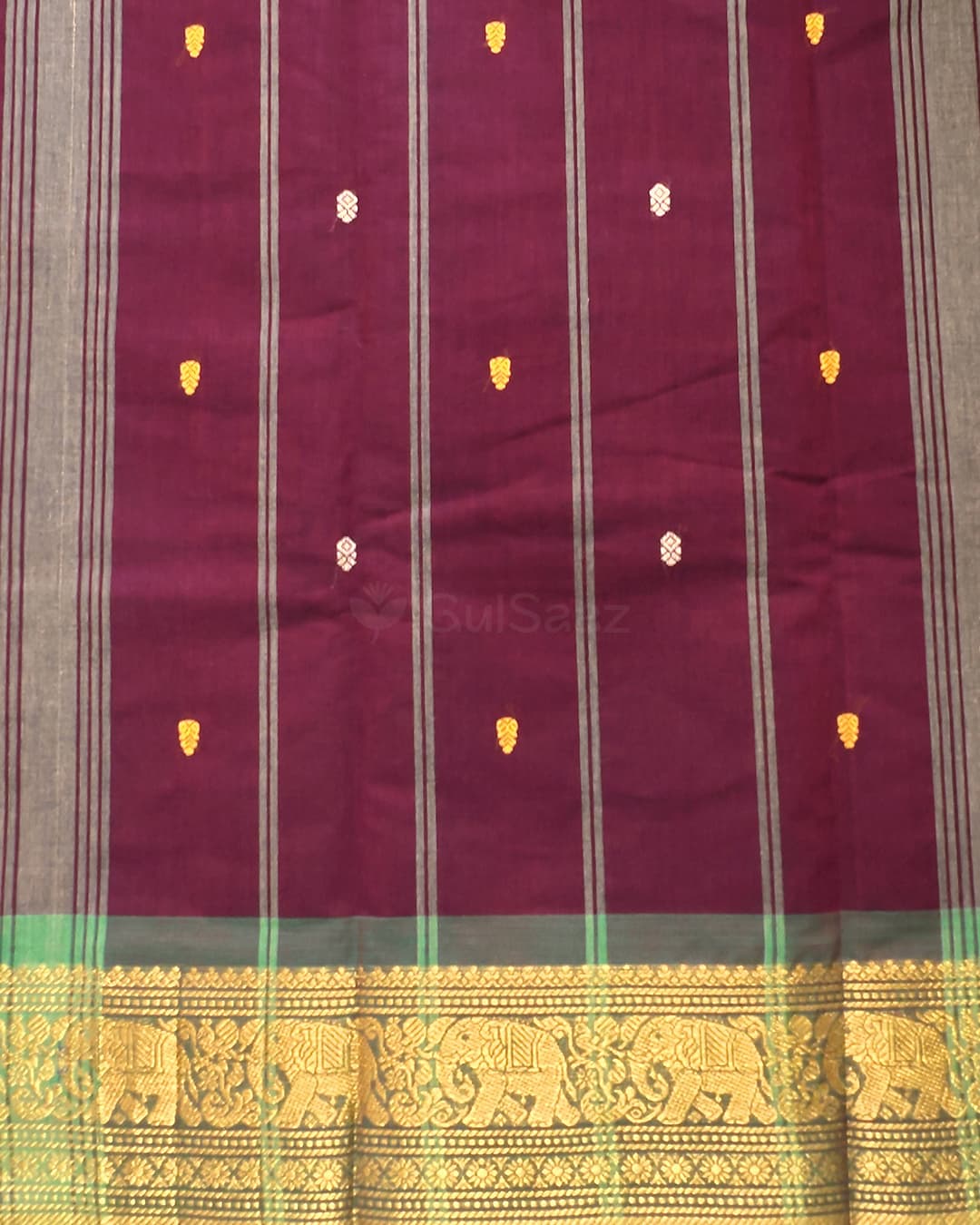 Wine Handloom Chettinad Cotton Saree with Gold Zari Elephant Motif – view 2