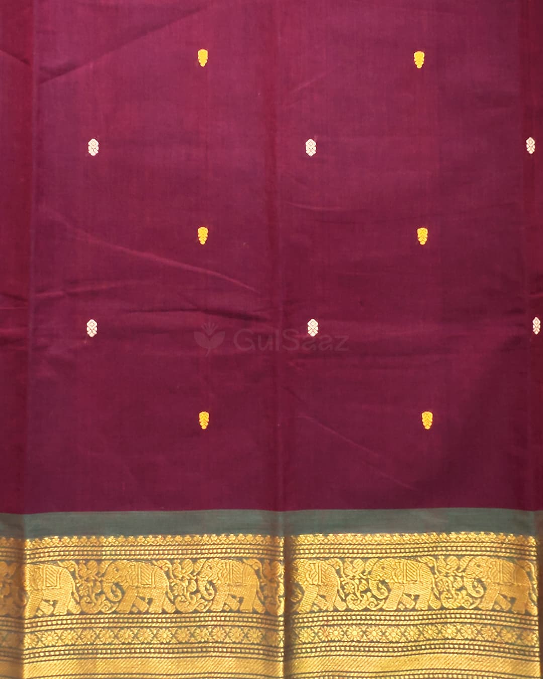Wine Handloom Chettinad Cotton Saree with Gold Zari Elephant Motif – view 3