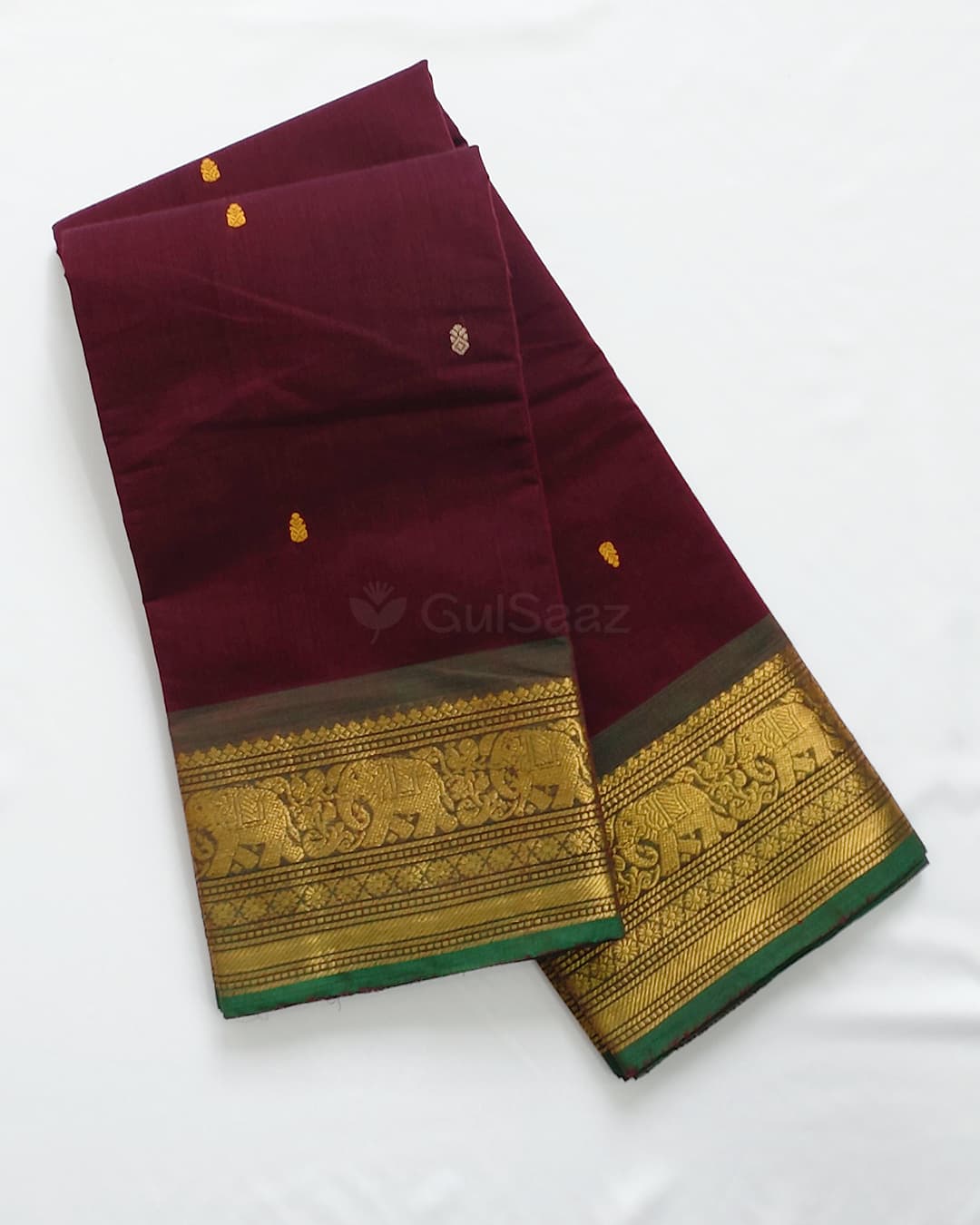 Wine Handloom Chettinad Cotton Saree with Gold Zari Elephant Motif – view 4