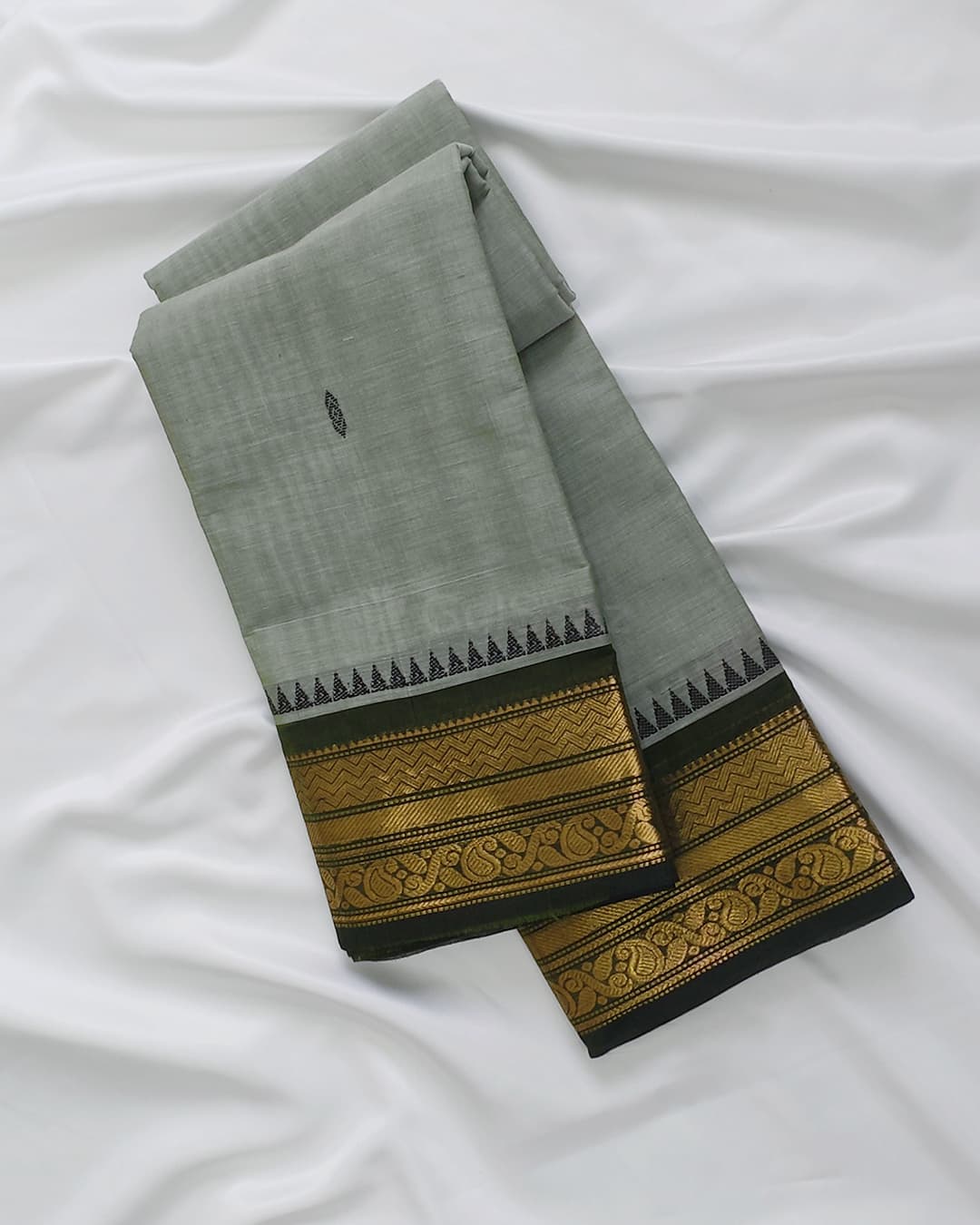 Pastel Green Chettinadu Cotton Saree with Zari Paisley Border – view 3