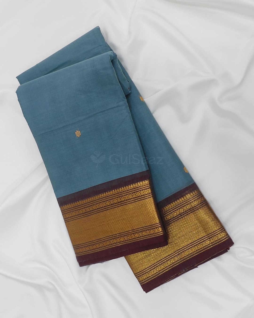 Steel Blue Chettinad Cotton Saree with Maroon Zari Checked Border – view 3