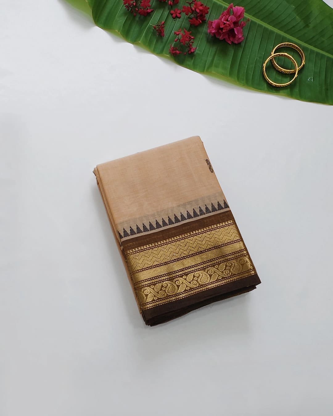 Beige Chettinadu Cotton Saree with Zari Temple Border — Cotton Sarees Saree