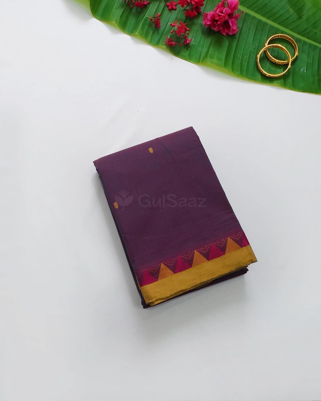 Dual-Tone Purple Chettinad Cotton Saree with Mustard Temple Zari Border — Cotton Sarees Saree