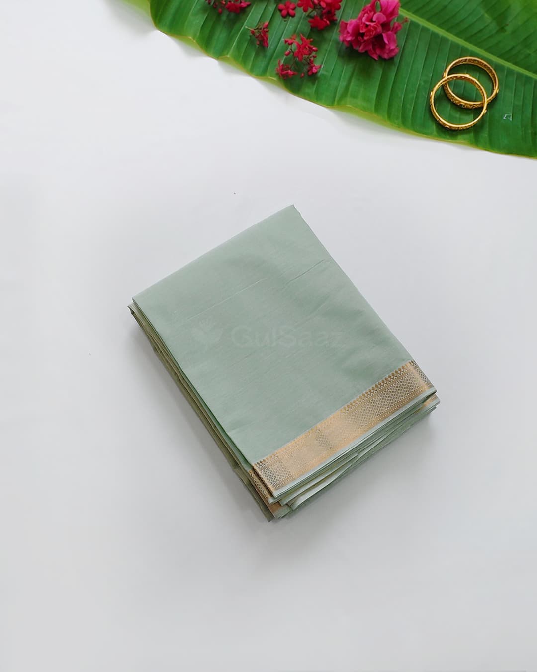 Handloom Pure Cotton Mangalagiri Saree in Sage Green with Gold Zari Border