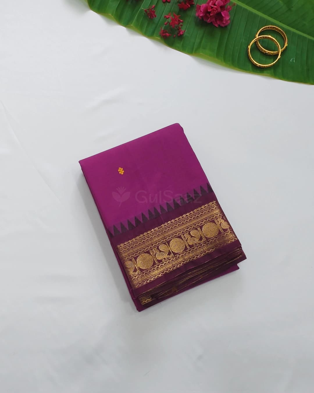 Magenta Handwoven Chettinad Cotton Saree with Gold Zari Coin Border