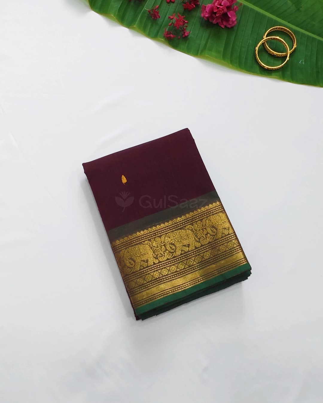 Wine Handloom Chettinad Cotton Saree with Gold Zari Elephant Motif