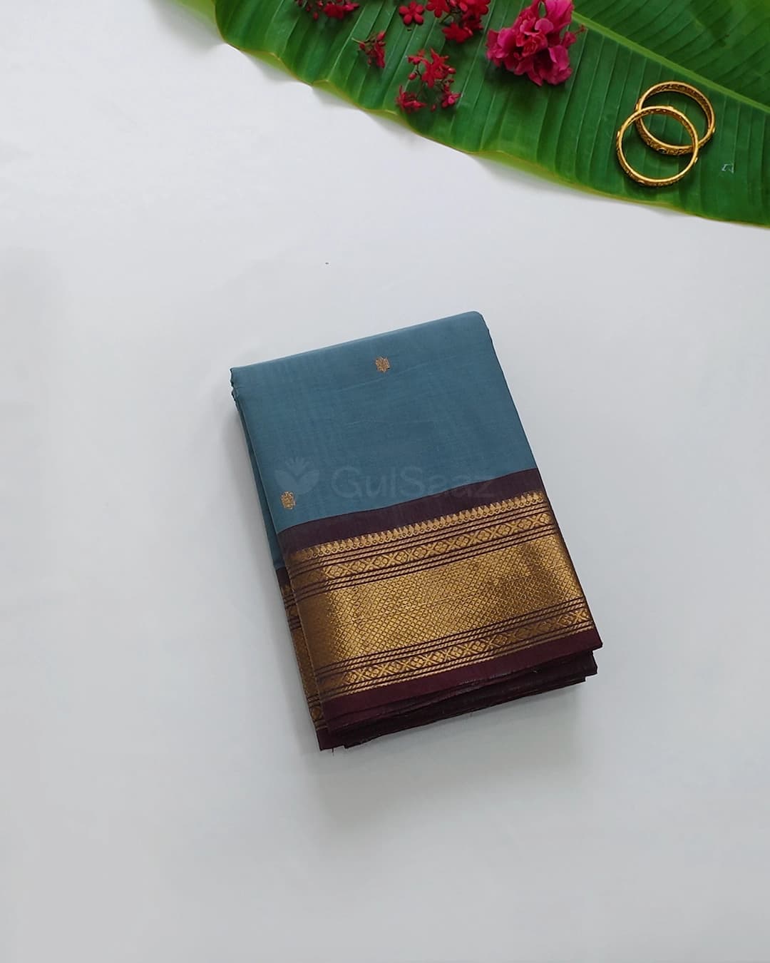 Steel Blue Chettinad Cotton Saree with Maroon Zari Checked Border — Cotton Sarees Saree
