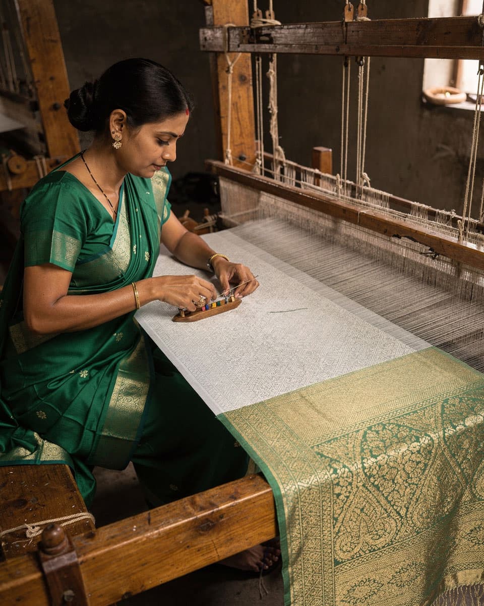 GulSaaz artisan at the handloom — hands behind the craft