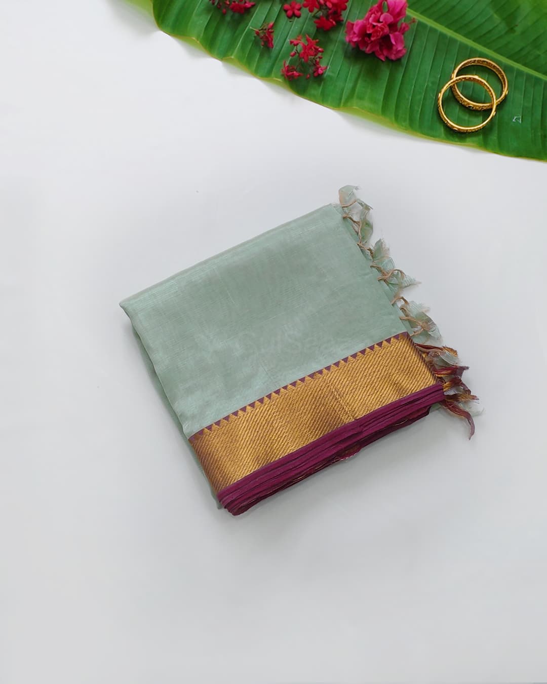 Handloom Pure Mangalagiri Silk Cotton Saree in Seafoam Green with Nizam Zari Border
